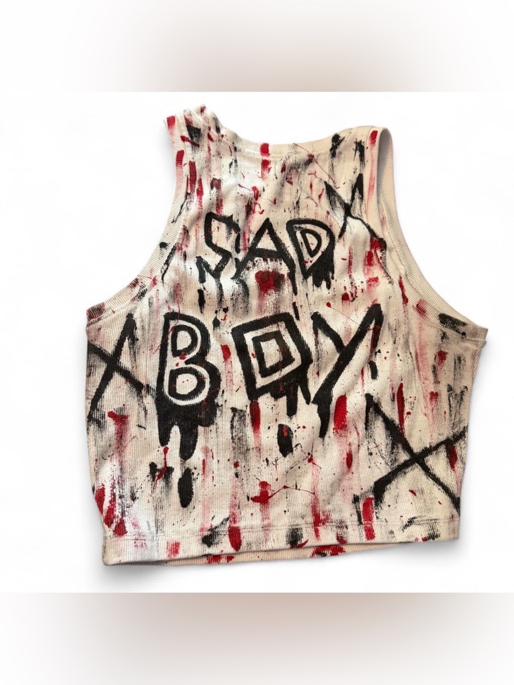 Graphic Sleeveless Tank Top in White with Black & Red Print - Picture 2 of 2